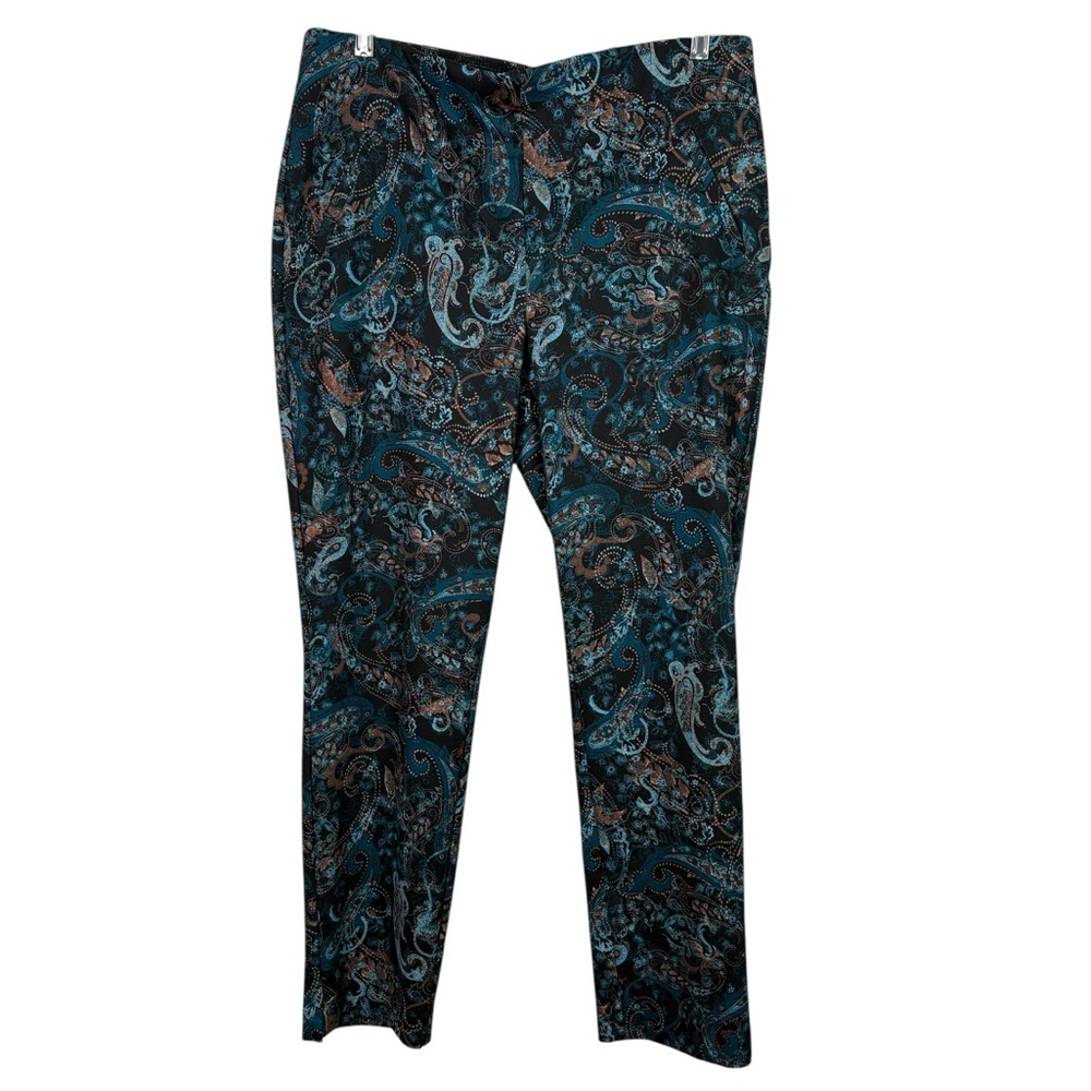 Chicos Fabulously Slimming Teal Blue Brown Paisley Pattern Ankle Crop Pants 1.5
